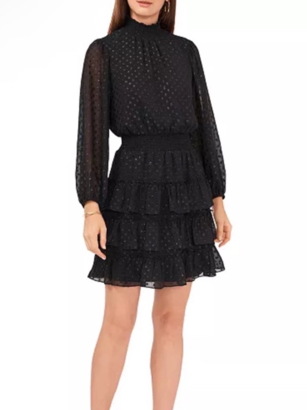 NWT MSK Black Mock Neck Tiered Sparkly Polka Dot Mini Dress